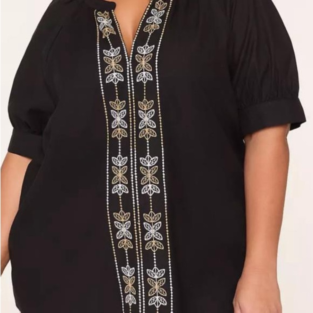Lane Bryant Black Blouse with White and Gold Embroidery